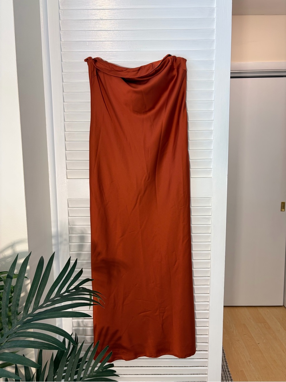 Petal & Pup Strapless Satin Midi Dress in Rust Fall Wedding Guest Dress
